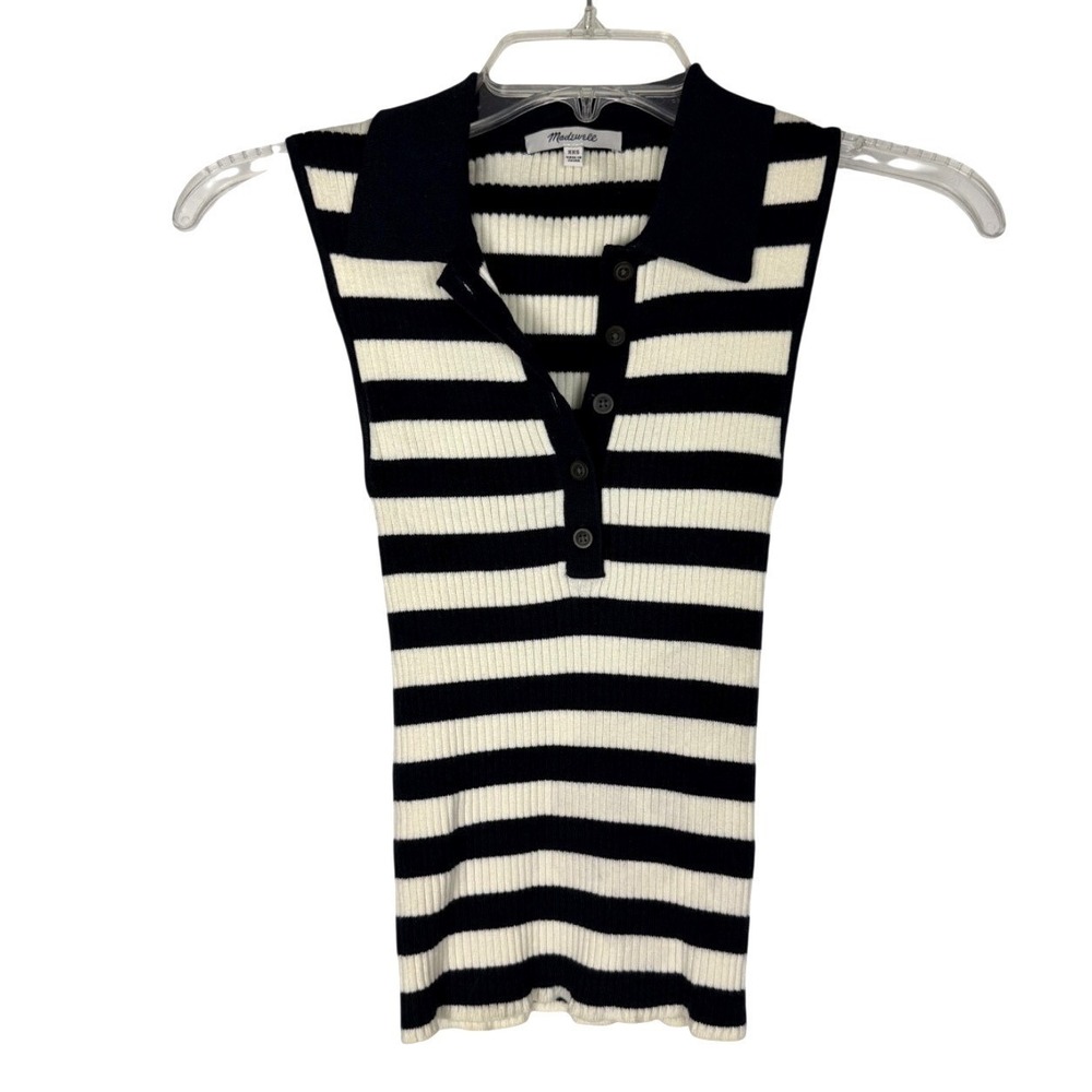 Madewell Owen Polo Sweater Knit Collared Tank Stripped Navy & Cream Size XXS